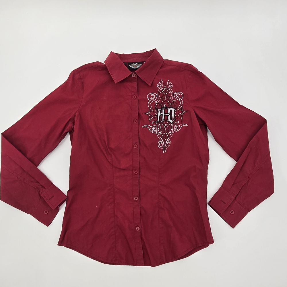 Harley Davidson Red Button-Up Shirt with Embroidered Studded Design Size S